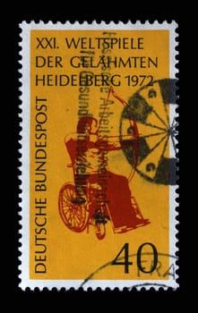 Stamp printed in Germany showing Wheelchair archery, 21st International Games for Paralysed, Heidelberg, circa 1972