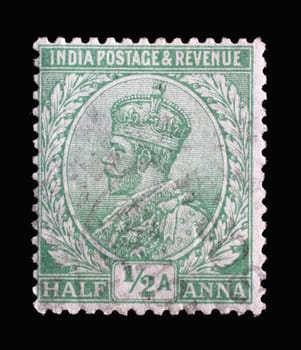 Stamp printed in India shows King George V with Indian emperor's crown, Definitives (1926-36) series, circa 1911