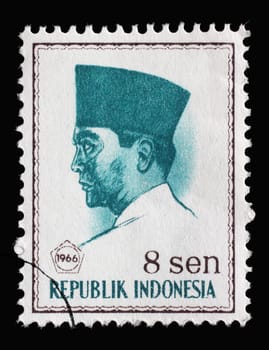 Stamp printed in Indonesia shows the first president of Indonesia Sukarno, circa 1966