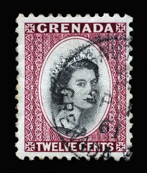 Stamp printed in Grenada shows Queen Elizabeth II, circa 1953