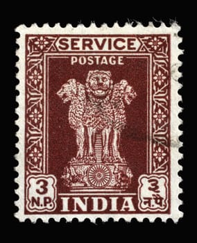 Stamp printed in India shows Lion Capital of Ashoka Pillar from Sarnath, National Emblem of India, circa 1957