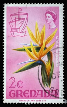 Stamp printed in Grenada shows Strelitzia reginae, Series Flora and Fauna Definitives 1968-1971, circa 1968