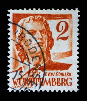 Stamp printed in Germany, French Occupation of Wurttemberg shows Friedrich von Schiller, poet and writer, circa 1948