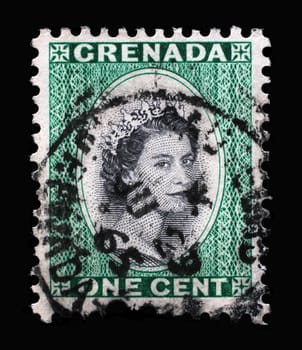 Stamp printed in Grenada shows Queen Elizabeth II, circa 1953