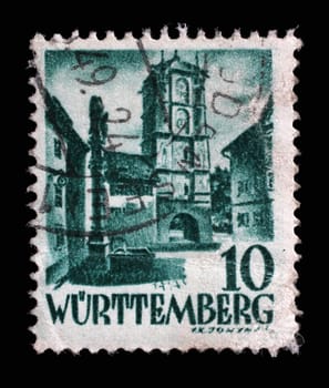 Stamp printed in Germany, French Occupation of Wurttemberg shows City Gate from Wangen, circa 1948
