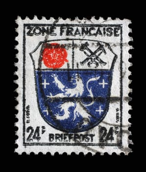 Stamp printed in Germany, the French zone showing the Coat of Arms of Saar, circa 1945