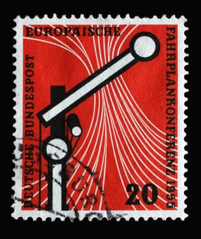 Stamp printed in Germany, shows signal and schematic representation of railways, circa 1955