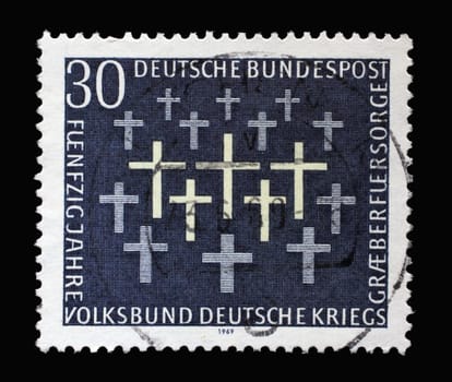 Stamp printed in Germany showing 50th anniversary of the German War Graves Commission, circa 1969