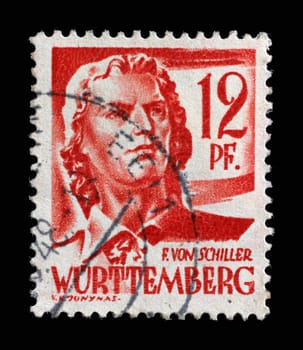 Stamp printed in Germany, French Occupation of Wurttemberg shows Friedrich von Schiller, poet and writer, circa 1948