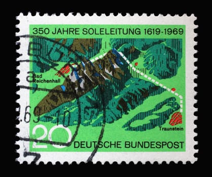 Stamp printed in Germany shows Brine Pipeline, 350th Anniversary of the Brine Pipeline from Traunstein to Bad Reichenhall, circa 1969