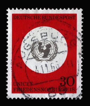 Stamp printed in Germany showing UNICEF emblem, Awarding of the 1965 Nobel Peace Prize to UNICEF, circa 1966