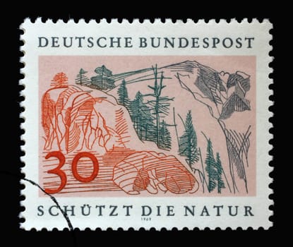 Stamp printed in Germany showing a landscape: high mountain, European Nature Preservation Year, circa 1969