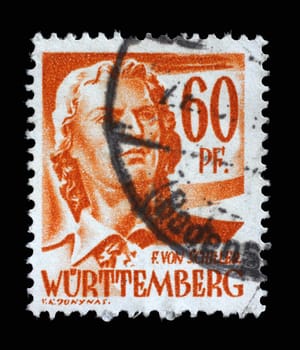 Stamp printed in Germany, French Occupation of Wurttemberg shows Friedrich von Schiller, poet and writer, circa 1948