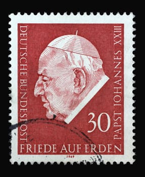 Stamp printed in Germany showing a portrait of Pope John the XXIII, 6th Death Anniversary, circa 1969