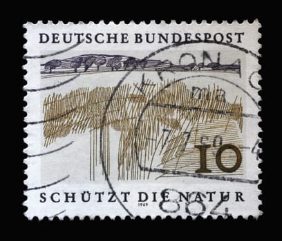 Stamp printed in Germany showing a landscape: lowland, European Nature Preservation Year, circa 1969