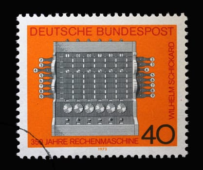 A stamp printed in Germany shows Schickard's Calculating Machine, 350th anniv. of the calculator built by Prof. Wilhelm Shickard, University of Tubingen, circa 1973