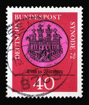 A stamp printed in Germany showing an old drawing of the Würzburg cathedral, Synod of Catholic Bishops in Würzburg, circa 1972