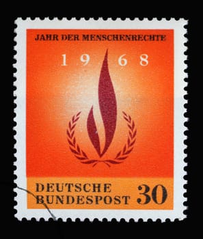 Stamp printed in Germany showing a laurel and wreath, Year of Human Rights, circa 1968