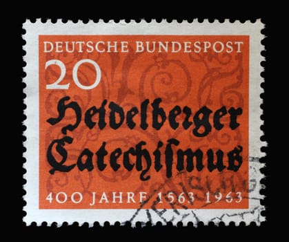 Stamp printed in Germany dedicated to 400 years of the Heidelberg Catechism, containing the doctrine of the reformed church, circa 1963