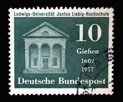 Stamp printed in Germany, shows Liebig Laboratory, 350th Anniversary of the Justus Liebig School at Ludwig University, Giessen, circa 1957