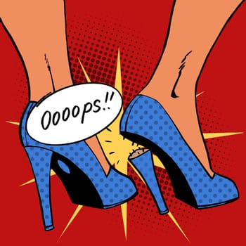 oops broke the heel the woman a nasty surprise. pop art comics retro style Halftone. Imitation of old illustrations. Bubble for text oops