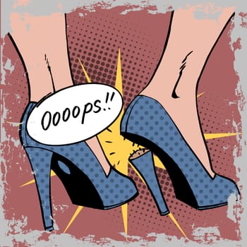 oops broke the heel the woman a nasty surprise. pop art comics retro style Halftone. Imitation of old illustrations. Bubble for text oops. the effect of old paper antique