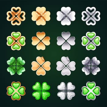 Vector Golden and Silver Four-leaf Clovers for St. Patrics Day Projects. Clipping paths included in additional jpg format.