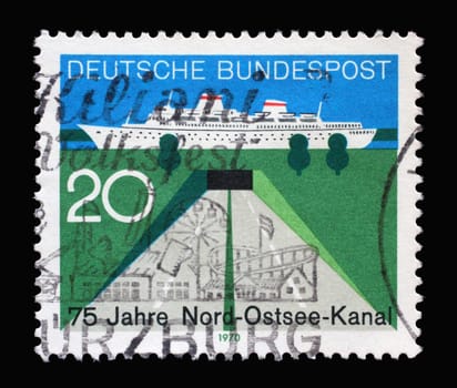 Stamp printed in Germany honoring 75 anniversary of Kiel Canal, circa 1970