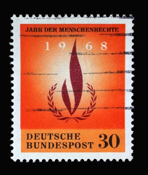 Stamp printed in Germany showing a laurel and wreath, Year of Human Rights, circa 1968