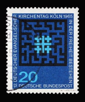 Stamp printed in Germany shows 12th meeting of German Protestants (Evangelical Synod), Cologne, Synod Emblem and Labyrinth, circa 1965