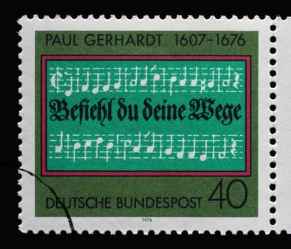A stamp printed in Germany shows Opening lines of Hymn "Entrust Yourself to God"", 300th death Anniversary of Paul Gerhardt (composer) 1607-1676, circa 1976"