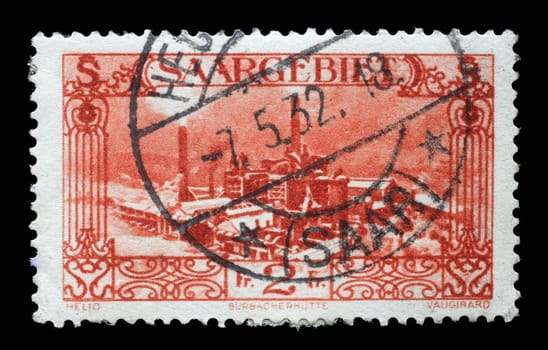 Stamp from Germany area Saar shows Burbach steelworks, circa 1927