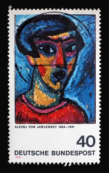 A stamp printed in Germany shows German expressionist painters: Portrait in Blue by Alekséi von Jawlensky, circa 1974