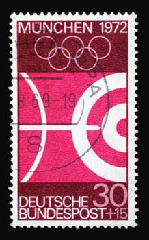 Stamp printed in Germany shows Archery and Olympic Rings, Summer Olympic Games 1972 in Munich, circa 1969