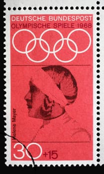 Stamp printed in Germany showing portrait of Helene Mayer, fencer, 1968 Summer Olympics, the Games of the XIX Olympiad, Mexico City, circa 1968
