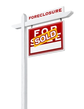 Right Facing Foreclosure Sold For Sale Real Estate Sign Isolated on White.
