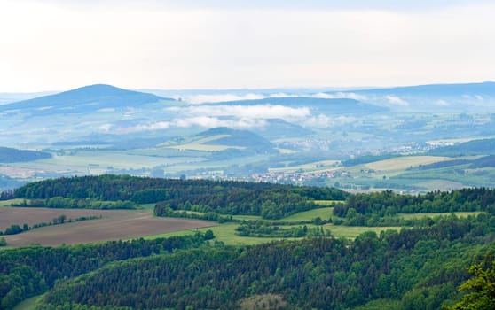 view from the rossberg pulpit into the ulstertal and peaks of the rhön