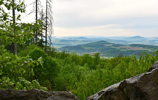 view from the rossberg pulpit into the ulstertal and peaks of the rhön