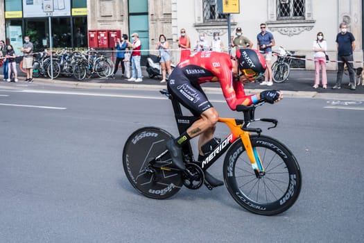 MILAN, ITALY - MAY 30: last stage of Giro 2021, Damiano Caruso competitor of Bahrain Team runs  at high speed during individual time trial in city streets, shot on may 30, 2021 Milan, Italy.