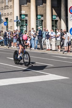 MILAN, ITALY - MAY 30: last stage of Giro 2021, Hugh John Carthy competitor at high speed during individual time trial in city streets, shot on may 30, 2021 Milan, Italy.