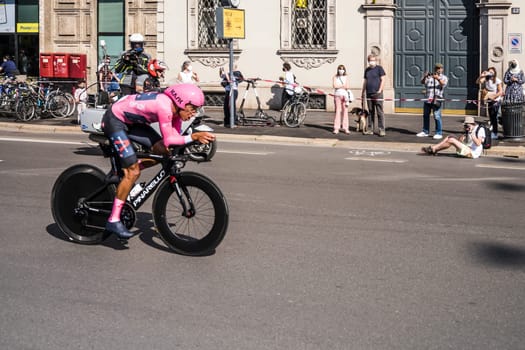 MILAN, ITALY - MAY 30: last stage of Giro 2021, Bernal Gomez leading competitor at high speed during individual time trial in city streets, shot on may 30, 2021 Milan, Italy.