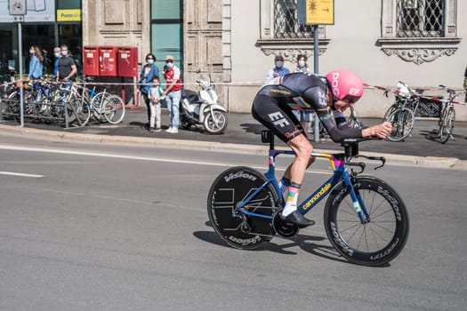 MILAN, ITALY - MAY 30: last stage of Giro 2021, Hugh John Carthy  competitor of EF Education Team  at high speed during individual time trial in city streets, shot on may 30, 2021 Milan, Italy.