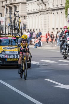 MILAN, ITALY - MAY 30: last stage of Giro 2021, Tobias Foss competitor at maximal effort at high speed during individual time trial in city streets, shot on may 30, 2021 Milan, Italy.