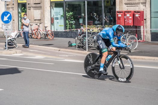 MILAN, ITALY - MAY 30: last stage of Giro 2021, Lorenzo Fortunato  competitor of Eolo-Kometa Team at high speed during individual time trial in city streets, shot on may 30, 2021 Milan, Italy.
