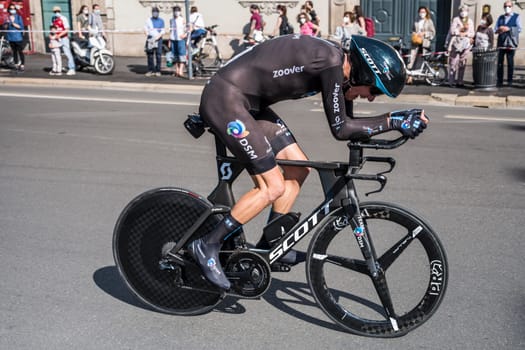 MILAN, ITALY - MAY 30: last stage of Giro 2021, Romain Bardet competitor at high speed during individual time trial in city streets, shot on may 30, 2021 Milan, Italy.
