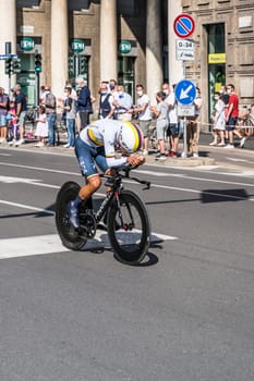 MILAN, ITALY - MAY 30: last stage of Giro 2021, Daniel Martinez competitor at high speed during individual time trial in city streets, shot on may 30, 2021 Milan, Italy.