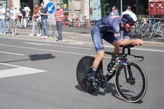 MILAN, ITALY - MAY 30: last stage of Giro 2021, Louis Verwaeke competitor  at high speed during individual time trial in city streets, shot on may 30, 2021 Milan, Italy.