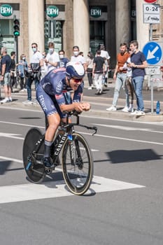 MILAN, ITALY - MAY 30: last stage of Giro 2021, Louis Verwaeke competitor of Alpecin-Fenix Team  at high speed during individual time trial in city streets, shot on may 30, 2021 Milan, Italy.