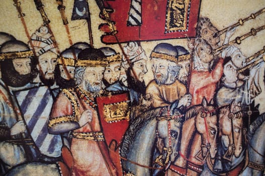 Medieval muslim cavalry. Narrative vignette from The Cantigas de Santa Maria by Alfonso X of Castile El Sabio. El Escorial Library
