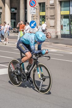 MILAN, ITALY - MAY 30: last stage of Giro 2021, Gorka Izagirre Insausti competitor   at high speed during individual time trial in city streets, shot on may 30, 2021 Milan, Italy.